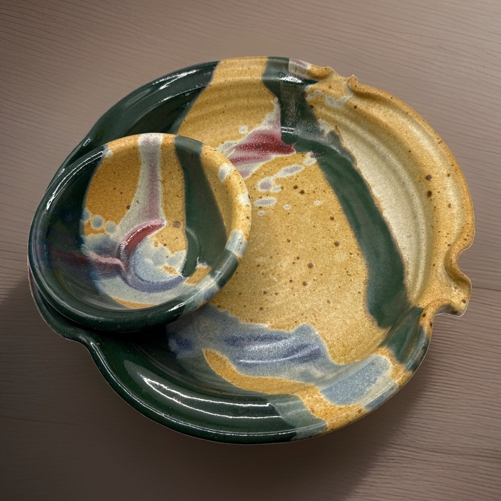 Ayers Studio Art Handmade Chip & Dip Bowl Platter Drip Glazed Signed 11" Plus 1